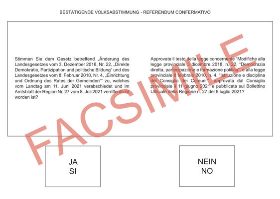 Die Fragestellung der bestätigenden Volksabstimmung auf einem Facsimile (Quelle: Südtiroler Landtag)