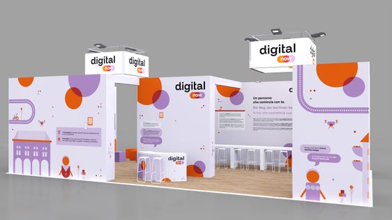 Eine weitere Ansicht des Messestands in Violett und Orange, den neuen Farben von Digital now. (Quelle: Abteilung Informatik)