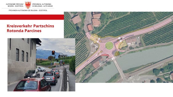 Ein neuer Kreisverkehr soll bei der Kreuzung der Vinschger Staatsstraße mit der Zufahrt Partschins, der Zufahrt zum Zugbahnhof Töll und den Zufahrten zu den Fraktionen Quadrat und Aschbach für flüssigen und sicheren Verkehr sorgen. (Bild: LPA/Mobilitätsressort des Landes)