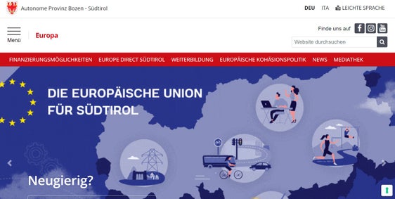 Die Startseite des neu gestalteten Portals Europa der gleichnamigen Abteilung auf der Internetseite des Landes Südtirol (Foto: LPA/Landesabteilung Europa)