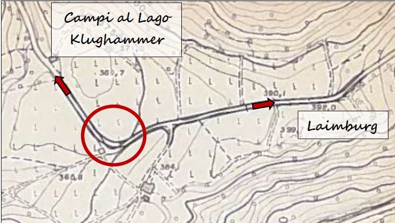 Sulla cartina, nel circoletto rosso, la zona dell'intervento di ampliamento della strada provinciale tra Campi al lago e Castelvarco (Foto: ASP/Ufficio Strade Centro-Sud)