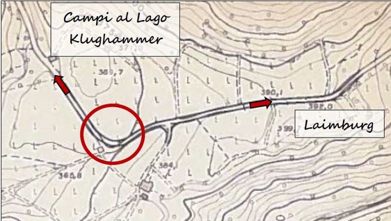 Sulla cartina, nel circoletto rosso, la zona dell'intervento di ampliamento della strada provinciale tra Campi al lago e Castelvarco (Foto: ASP/Ufficio Strade Centro-Sud)