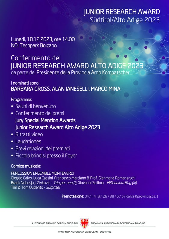 La locandina della cerimonia di premiazione in programma lunedì 18 dicembre al NOI Techpark di Bolzano Sud. (Foto: Ufficio Ricerca scientifica)