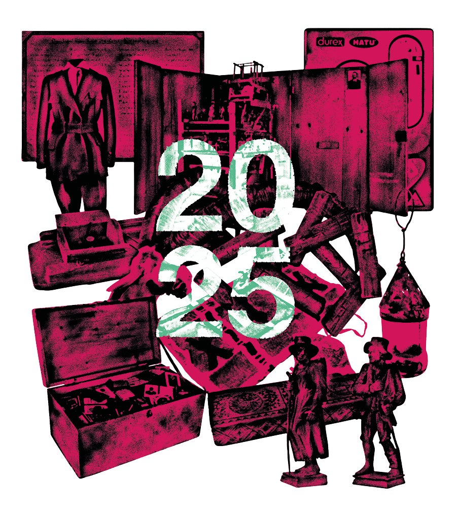 Zwölf Objekte aus zwölf Südtiroler Einrichtungen werden in der Ausstellung 2025 Sozial gerecht? Giustizia sociale? gezeigt. (Grafik: LPA/Südtiroler Museumsverband)