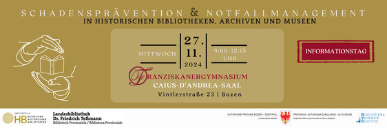 Die Landesbibliothek Teßmann mit der Servicestelle Betreuung Historischer Bibliotheken und das Landesarchiv laden zu einer halbtägigen Informationsveranstaltung zum Thema "Schadensprävention & Notfallmanagement in historischen Bibliotheken, Archiven und Museen"
