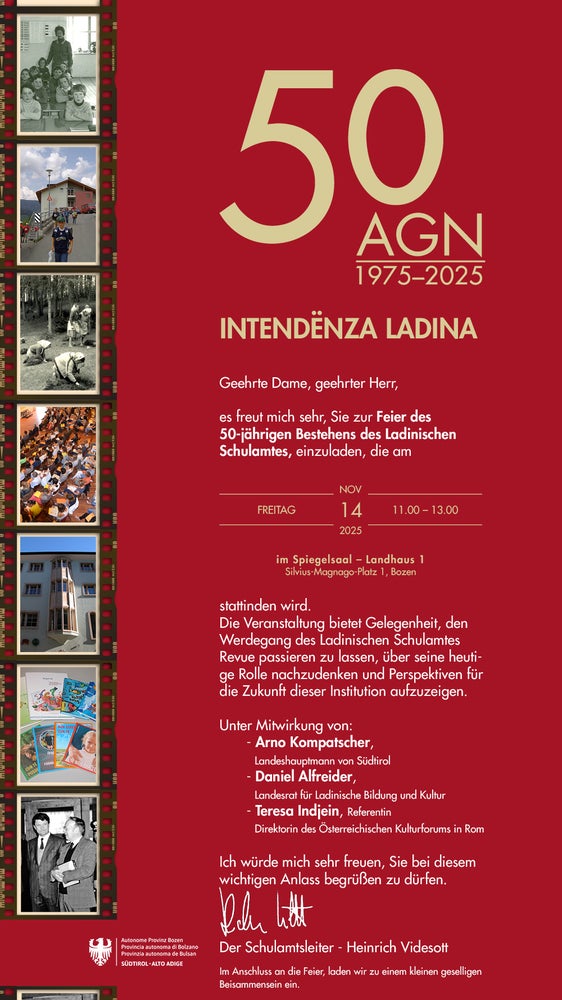 50 Jahre Ladinisches Schulamt: Feierstunde am Freitag, 14. November, ab 11 Uhr im Innenhof im Landhaus 1 in Bozen (Foto: LPA)