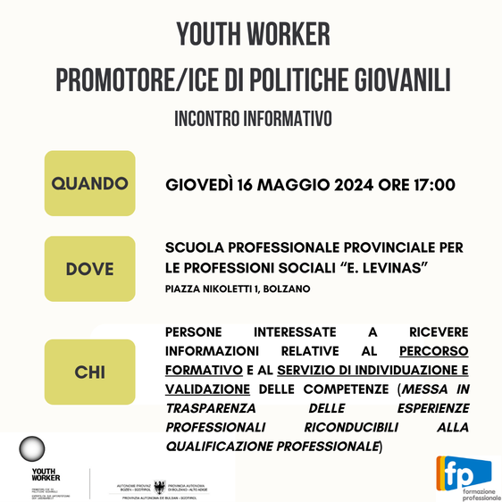 Giovedì (16 maggio) si terrà alla Scuola provinciale per le professioni sociali “Lévinas” di Bolzano un incontro informativo sul percorso di youth worker (Foto: ASP/Direzione provinciale formazione professionale)