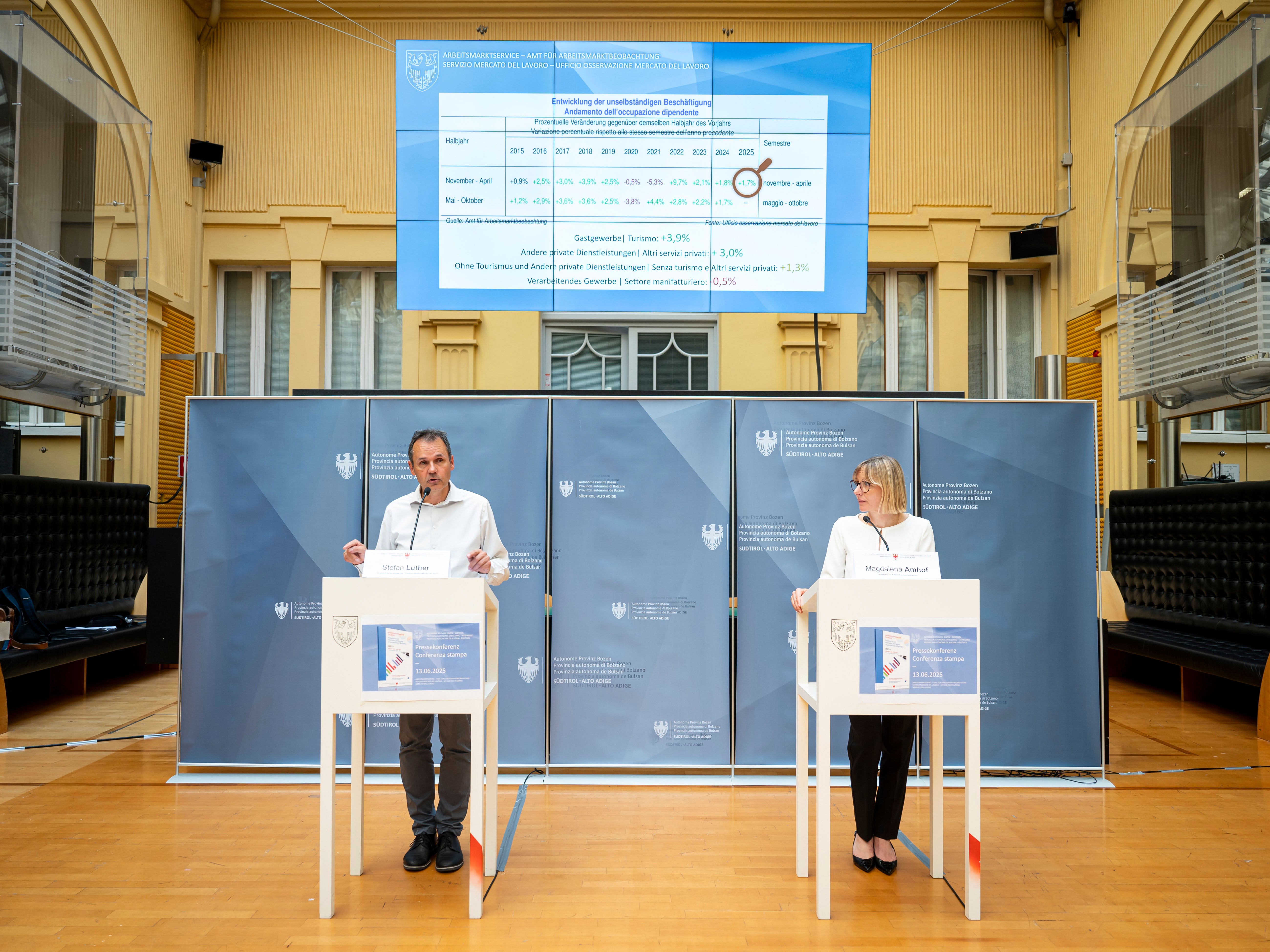 Stefan Luther, direttore del Servizio Mercato del lavoro (SML), e l'assessora al Lavoro Magdalena Amhof hanno fatto riferimento al forte aumento dei pensionamenti previsti nei prossimi anni, agli attuali dati sulla disoccupazione e alla volontà di sfruttare maggiormente il potenziale occupazionale della popolazione residente. (Foto: USP/Fabio Brucculeri)