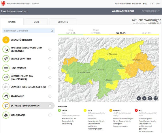 Aus dem Warnlagebericht des Landeswarnzentrums geht hervor, in welchen Teilen Südtirols mit besonders niedrigen Temperaturen zu rechnen ist. Die Agentur für Bevölkerungsschutz ruft dazu auf, das Verhalten in diesen Gebieten diesem Umstand anzupassen. (Quelle: LPA/Warnlagebericht des Landeswarnzentrums)