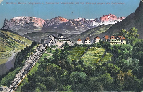 Die historische Bahntrasse auf den Virgl bei Bozen ist im Originalzustand erhalten. Nun hat sie die Landesregierung unter Denkmalschutz gestellt. (Foto: Touriseum-Südtiroler Landesmuseum für Tourismus, Meran) 