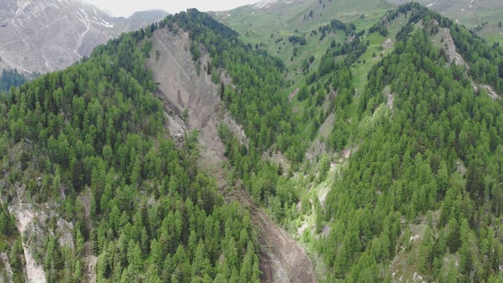 Diese Rutschung ist oberhalb von Campill in den Seresbach abgegangen. Laut Landesgeologen Volkmar Mair sind 300.000 bis 400.000 Kubikmeter Material in Bewegung. (Foto: LPA/Landesamt für Geologie und Baustoffprüfung)