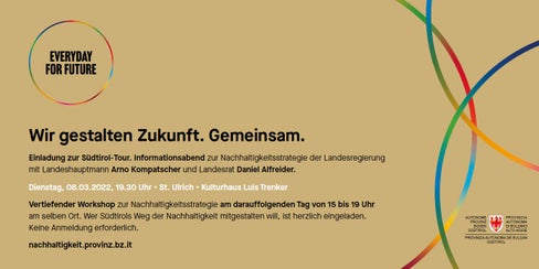 Ab 8. März geht die&nbsp;Nachhaltigkeitsstrategie&nbsp;der Landesregierung auf Südtirol-Tour. Erster Halt ist in St. Ulrich. (Foto: LPA)