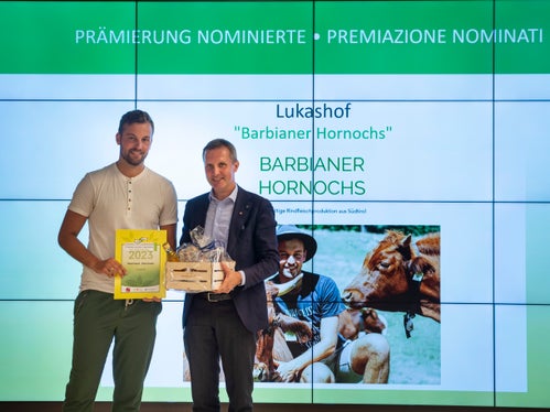 Der Barbianer Hornochs vom Lukashof ist das Projekt, das Thomas Zanon eingebracht hat - er züchtet und vermarktet sein Ochsenfleisch und wurde mit einer Urkunde und einem Geschenkkorb von Landesrat Luis Walcher dafür ausgezeichnet. (Foto: LPA/Fabio Brucculeri)