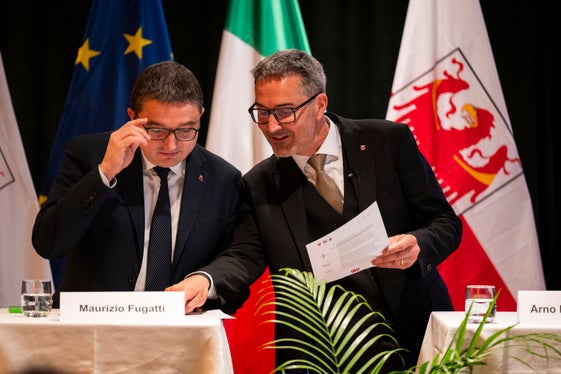 I presidenti delle due Province autonome, Maurizio Fugatti (Trentino) e Arno Kompatscher (Alto Adige), hanno voluto illustrare assieme i contenuti della riforma dello Statuto di autonomia. (Foto: USP/Manuela Tessaro)