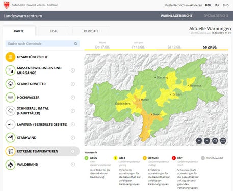 Aus dem Warnlagebericht geht hervor, wo extreme Temperaturen bevorstehen. (Quelle: Warnlagebericht des Landeswarnzentrums in der Agentur für Bevölkerungsschutz)