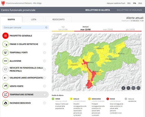 Dopo giorni consecutivi di temperature superiori a 35 gradi, il Centro funzionale provinciale eleva il livello di allerta a rosso (Foto: ASP/Protezione civile)