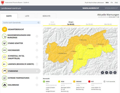 Warnstufe Orange für Starkwind am morgigen Samstag, 4. Februar (Quelle: Landeswarnzentrum in der Agentur für Bevölkerungsschutz)