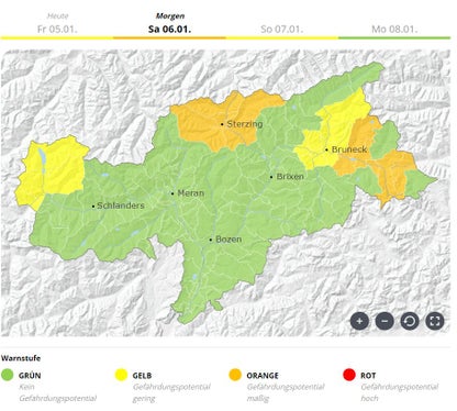 Im Warnlagebericht scheint auf, wo wegen Schneefalls im Tal höheres Gefährdungspotential gilt und daher erhöhte Aufmerksamkeit angeraten wird. (Quelle: Warnlagebericht des Landeswarnzentrums in der Agentur für Bevölkerungsschutz)