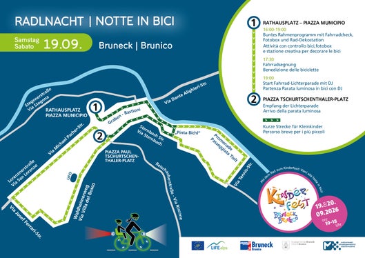 Ogni anno la Notte in bici fa tappa in una diversa città dell’Alto Adige, coinvolgendo persone di tutte le età. Quest’anno, a Brunico, al centro dell’iniziativa c’è la bicicletta come mezzo di trasporto semplice e pratico per gli spostamenti quotidiani, adatto a grandi e piccoli. (Locandina: USP/STA)
