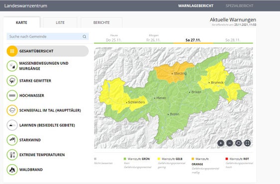 Der Warnlagebericht wird täglich für die drei kommenden Tage erstellt. Für Samstag gilt für das Gebiet um Sterzing eine orange Warnstufe für mäßiges Gefährdungspotential, für das obere Pustertal und den oberen Vinschgau wird mit Warnstufe Gelb geringes Gefährdungspotential angekündigt. (Quelle: Warnlagebericht des Landeswarnzentrums in der Agentur für Bevölkerungsschutz)