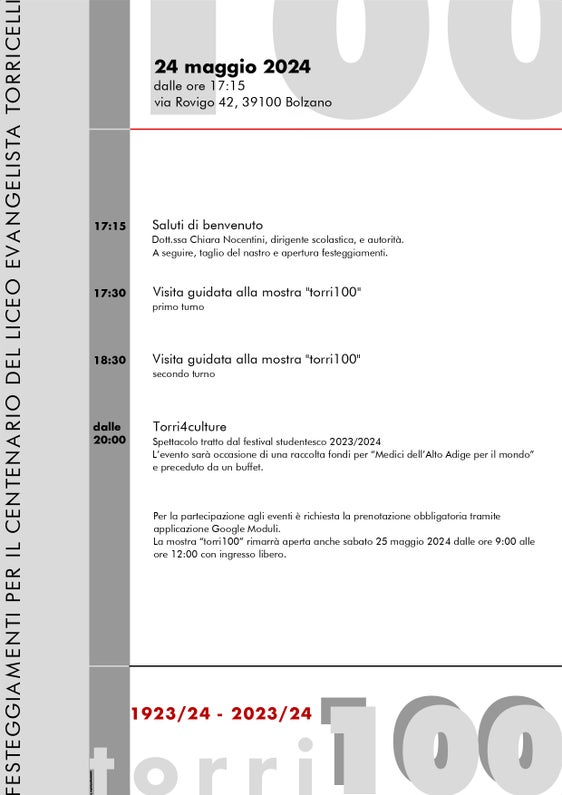 Venerdì 24 maggio il Liceo "Torricelli” di Bolzano festeggia il centenario tra visite guidate alla mostra “Torri100” e spettacolo serale con raccolta fondi per “Medici dell’Alto Adige per il mondo” (Foto: ASP)