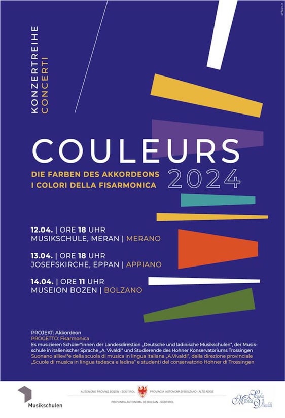 Edizione 2024 per “I colori della fisarmonica”. La rassegna concertistica si terrà il prossimo fine settimana: il 12 aprile a Merano, il 13 aprile ad Appiano ed il 14 aprile a Bolzano (Foto: ASP/Direzione provinciale Scuole di musica)