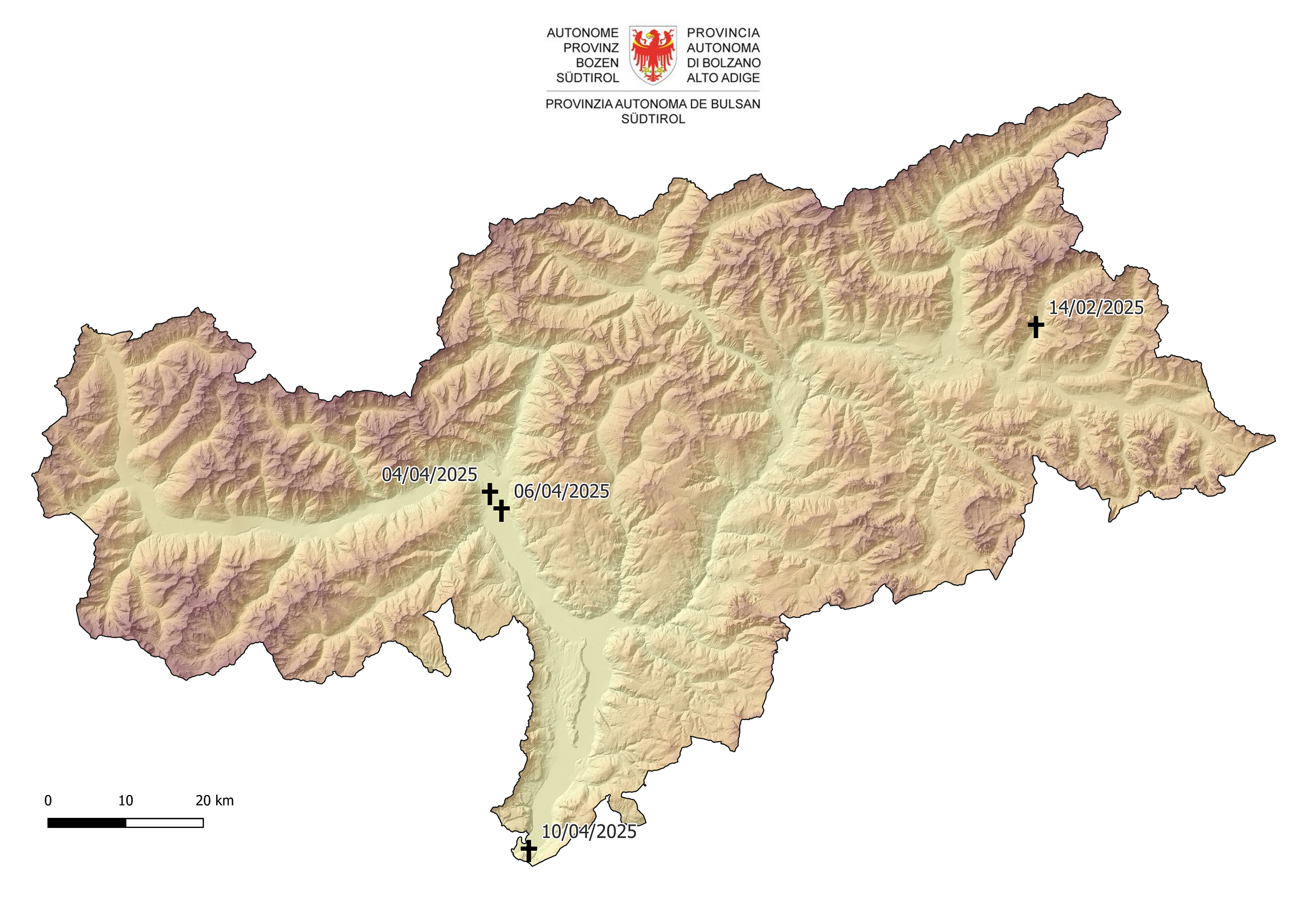 In Alto Adige, dall'inizio di quest'anno sono stati recuperati quattro lupi morti in seguito ad uno scontro con un'auto. I luoghi di ritrovamento sono contrassegnati da crocette. (Foto: USP/Ufficio provinciale Gestione fauna selvatica)
