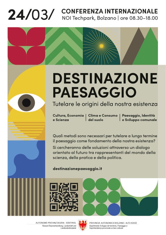 La locandina della conferenza internazionale sul paesaggio in programma venerdì 24 marzo al NOI Techpark di Bolzano.