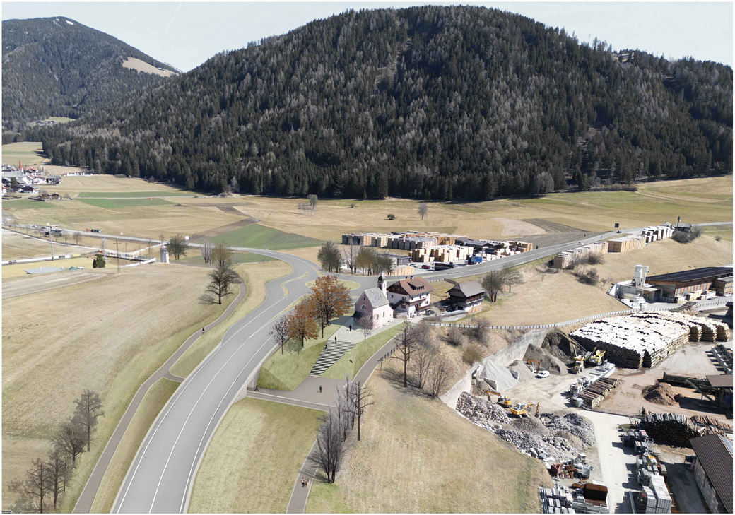 Bei der Abzweigung nach Antholz (Landesstraße LS44)  soll ein neuer Kreisverkehr mit Bypässen sowie eine neue Fußgänger- und Fahrradunterführung verwirklicht werden. (Foto: LPA/Ressort für Infrastrukturen und Mobilität)