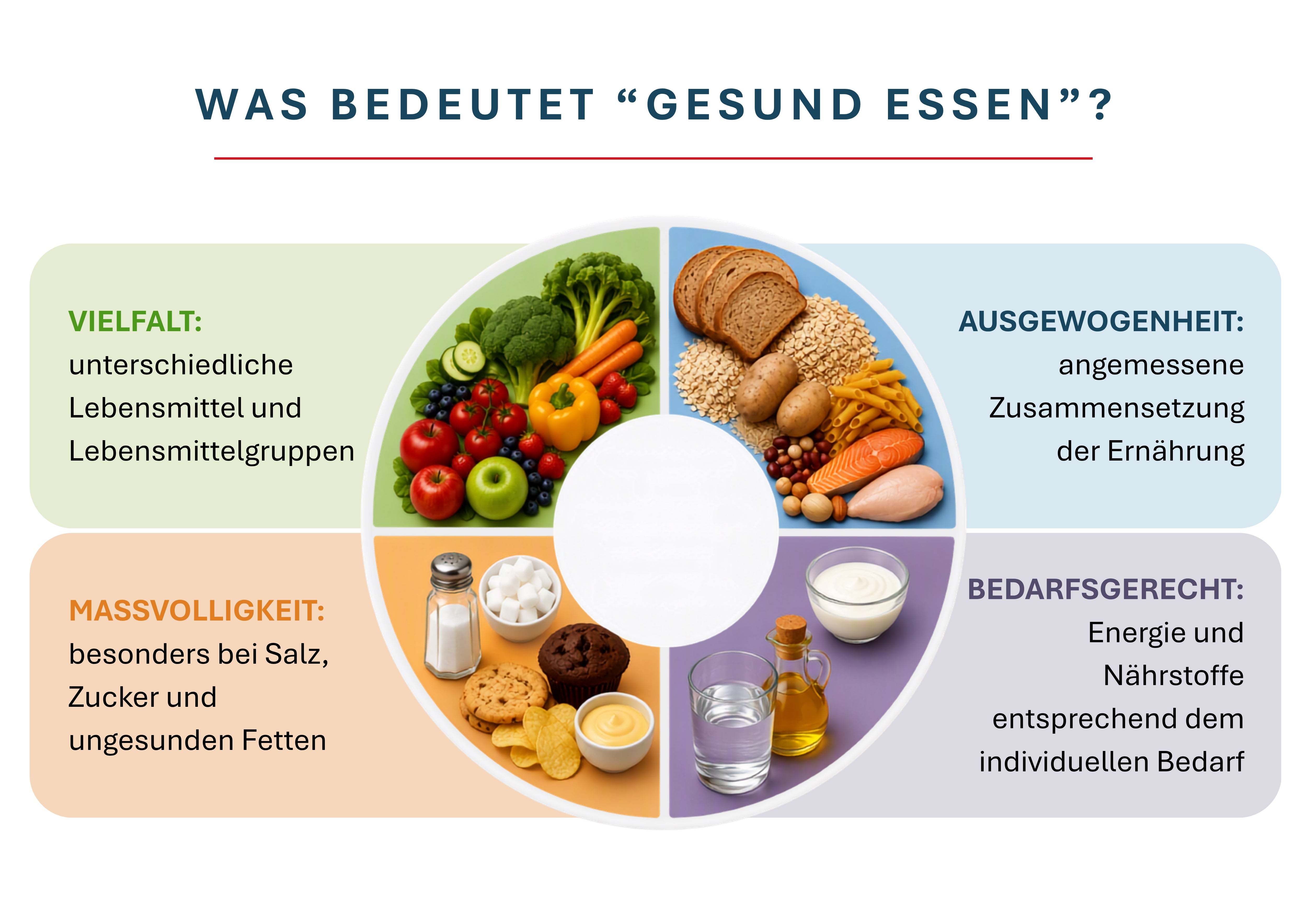 Gesund essen bedeutet, vielfältig, ausgewogen, maßvoll und bedarfsgerecht zu essen, um den Körper mit allen wichtigen Nährstoffen zu versorgen. (Grafik: LPA/Viktoria Huber)