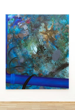 Ein aktuelles Werk der Künstlerin Sophia Mairer mit dem Titel the bowels of the earth aus dem Jahr 2022, Pigmentiertes Bindemittel, Öl auf Leinwand, 200 x 175 cm (Foto: Kunstraum Schwaz, Verena Nagl, 2023)