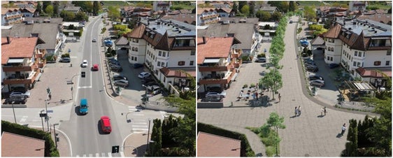 Tra le opere previste nell'aggiornamento del programma delle infrastrutture c'è la circonvallazione di Rablà, nell’ambito dell’alleggerimento del traffico nei centri abitati. Nella foto: le differenze tra la situazione attuale (a sinistra) e quella progettata (a destra) nel centro abitato di Rablà. (Foto: USP/Ripartizione Infrastrutture)