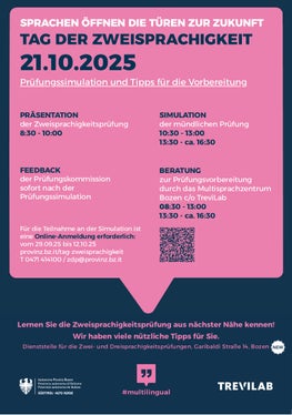 L'evento inizia alle 8.30 con informazioni sull'esame, l'iscrizione, la procedura e il riconoscimento di certificati e diplomi di lingua. Segue una simulazione della parte orale dell'esame. (Fonte: Ufficio Servizio esami di bi- e trilinguismo)