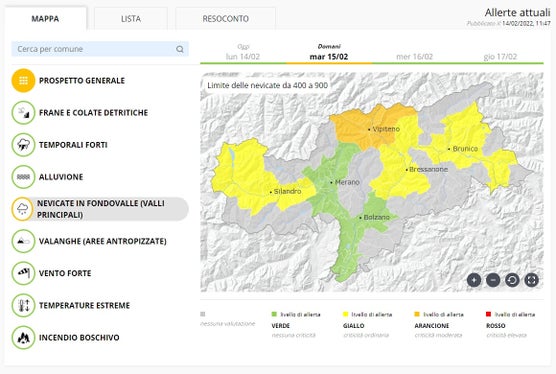 Le zone dove l'allerta è maggiore in vista delle precipitazioni delle prossime ore. (Fonte: Bollettino d'allerta emesso dal Centro funzionale provinciale dell'Agenzia per la Protezione civile)