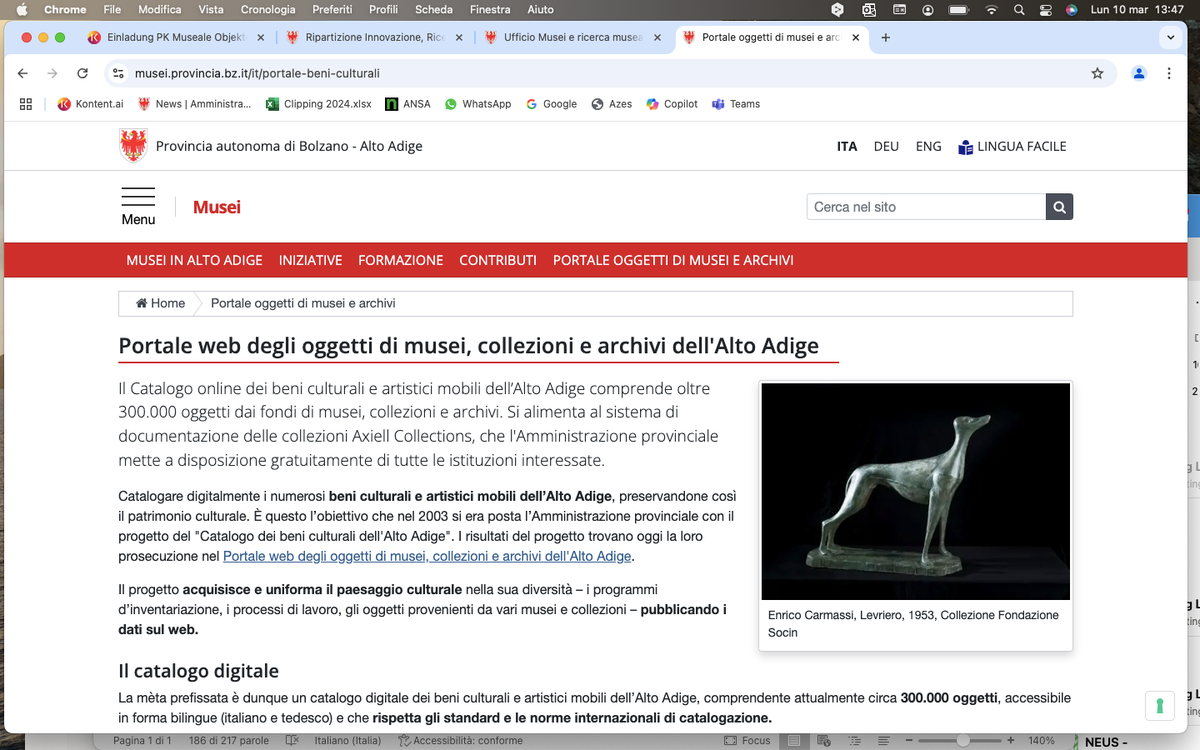 Gli oggetti dei musei, delle collezioni e degli archivi altoatesini possono essere visualizzati su un sito web di nuova concezione. (Screenshot: Ufficio Musei e ricerca museale)