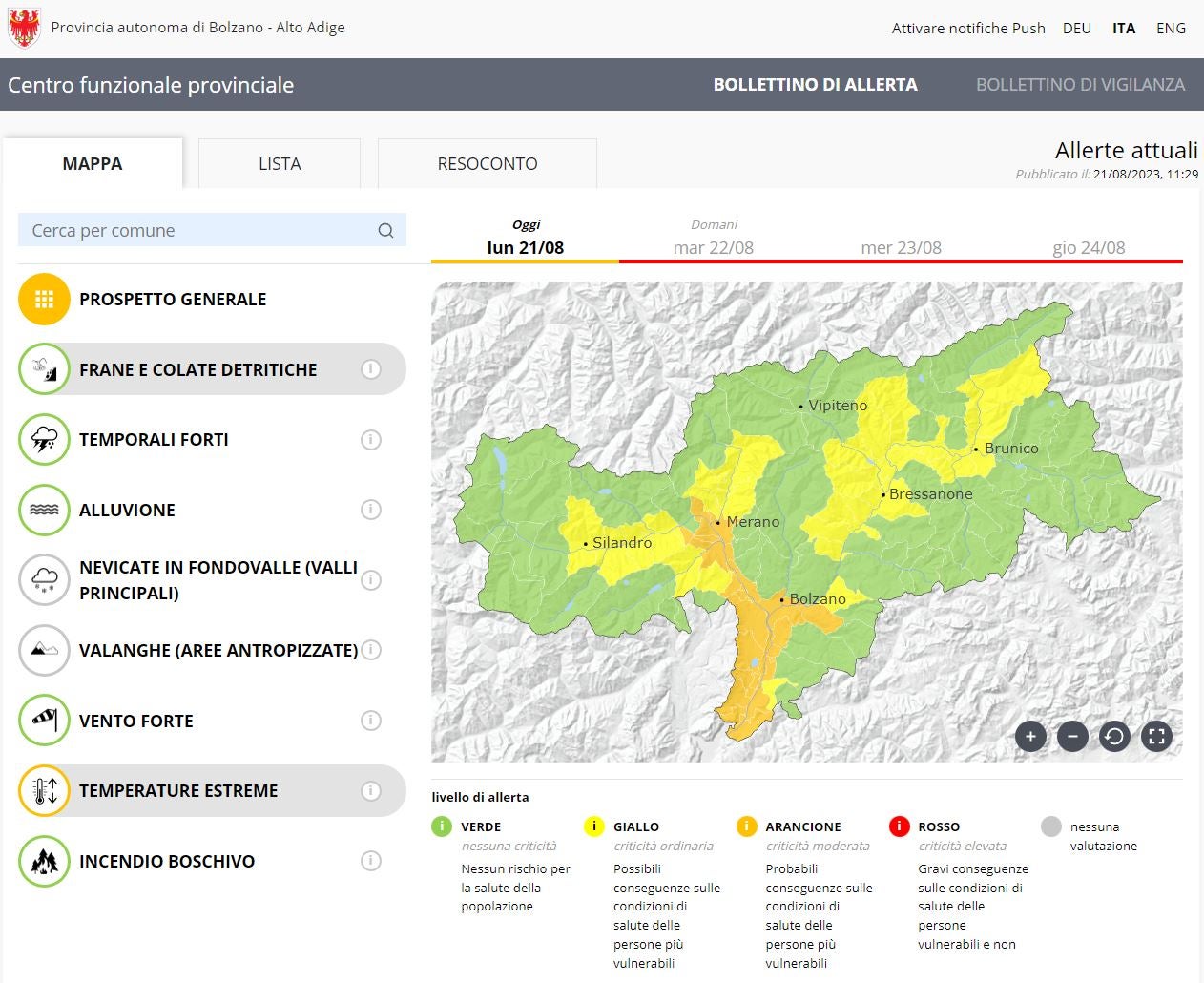 Dopo giorni consecutivi di temperature superiori a 35 gradi, il Centro funzionale provinciale eleva il livello di allerta a rosso (Foto: ASP/Protezione civile)