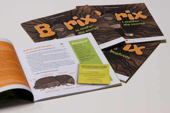 Das Mitmach-Buch Borix ist in vier Sprachen (Deutsch, Italienisch, Ladinisch im Gadertaler und im Grödner Idiom) erschienen und wird vor allem über die Schulen und andere öffentliche Institutionen wie Bibliotheken und Forststationen verteilt. (Foto: LPA/Manuela Tessaro)