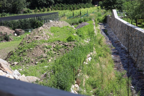 Blick vom Damm auf den Mutbach: links entsteht ein Biotop, rechts wird die Uferschutzmauer erhöht (Foto: LPA/Maja Clara)