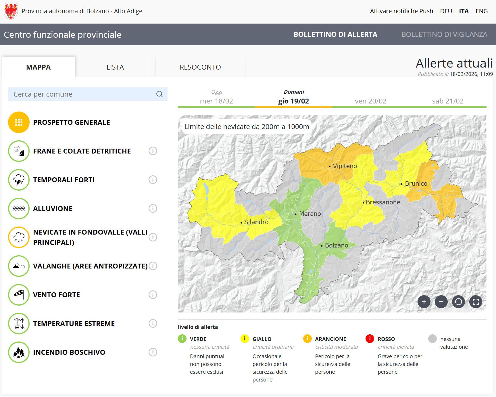 In considerazione delle nevicate che interesseranno anche le zone di fondovalle, il bollettino di allerta di giovedì 19 febbraio riporta il secondo livello di allerta più alto, ovvero arancione, per il nord e l'est dell'Alto Adige. (Bollettino di allerta del Centro funzionale provinciale dell'Agenzia per la Protezione civile)