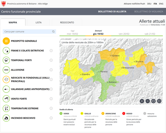In considerazione delle nevicate che interesseranno anche le zone di fondovalle, il bollettino di allerta di giovedì 19 febbraio riporta il secondo livello di allerta più alto, ovvero arancione, per il nord e l'est dell'Alto Adige. (Bollettino di allerta del Centro funzionale provinciale dell'Agenzia per la Protezione civile)