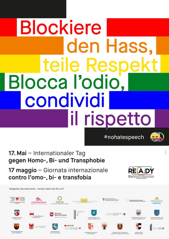 Una campagna di affissioni a livello provinciale sostiene la richiesta della rete antidiscriminazione RE.A.DY: "Blocca l'odio, condividi il rispetto"