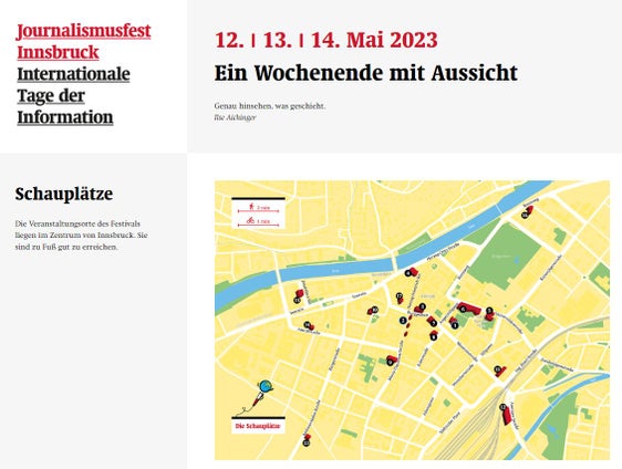 Die verschiedenen Standorte des internationalen Journalismusfestes in Innsbruck (Quelle: Website Journalismusfest)