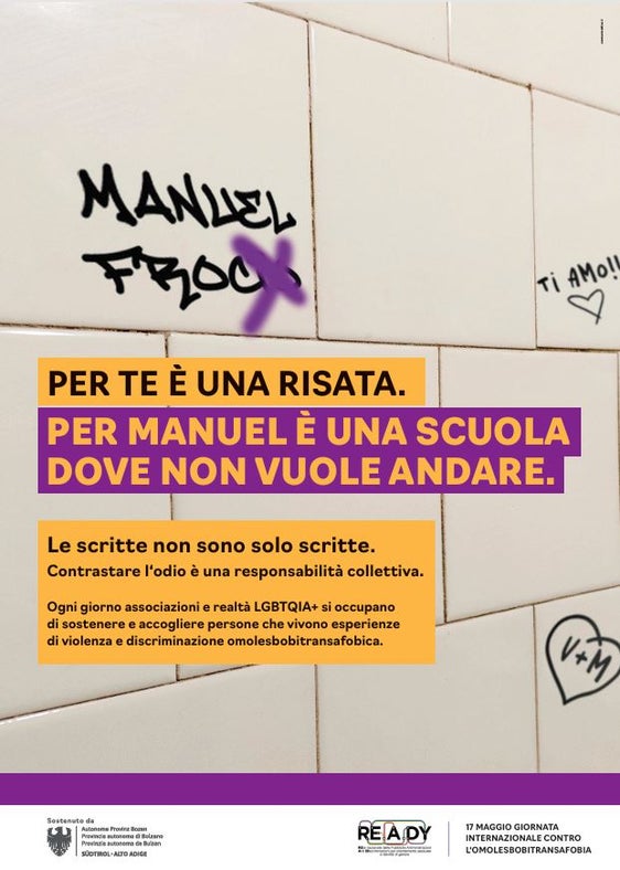 Il manifesto in occasione del 17 maggio, Giornata internazionale contro l'omolesbobitransfobia. (Foto: Provincia autonoma di Bolzano)