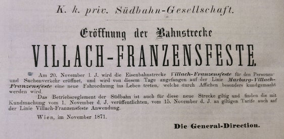 Die offizielle Mitteilung zur Eröffnung der Bahnstrecke 1871 (Foto: Tiroler Photoarchiv)