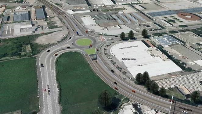 Am Knoten Galvani-Straße in Bozen soll anstelle der bisherigen Ampellösung am Kreuzungspunkt eine&nbsp;Kreuzung&nbsp;auf versetzten Ebenen entstehen. (Rendering: Landesabteilung Tiefbau)