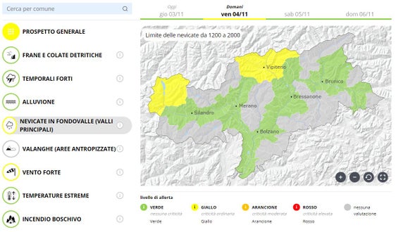 Informati e preparati: Il bollettino di allerta attuale mostra le zone in cui si prevedono nevicate in valle per la giornata di venerdì 4 novembre (Fonte: Centro funzionale provinciale)