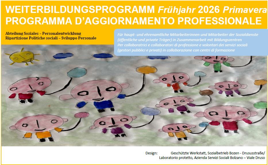 Das Titelbild des Weiterbildungsprogrammes für das Frühjahr 2026 wurde von der Geschützten Werkstatt des Sozialbetriebs Bozen gestaltet. (Screenshot: LPA)