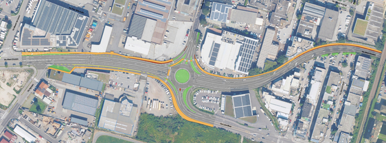 Der Lageplan der geplanten Kreuzung in der Einsteinstraße im Südtiroler Stadtteil Bozen Süd. (Foto: LPA/Ressort für Infrastrukturen und Mobilität)