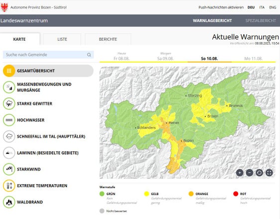 Nella zona di Bolzano, nella Valle dell'Adige e nella Bassa Atesina per l'ultima giornata della settimana, domenica 10 agosto, sono previste temperature superiori ai 37 gradi. Il caldo persisterà anche nel corso della prossima settimana. (Grafico: Centro Funzionale provinciale)
