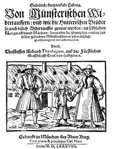 Primo oggetto influencer: famiglia hutterita davanti a una casa della comunità. Dall'immagine di copertina del libro di Christoph Erhard, Gründliche kurtz verfaste Historia von Münsterischen Widertauffern …, Monaco di Baviera 1589, (Foto: Museo Civico di Chiusa)